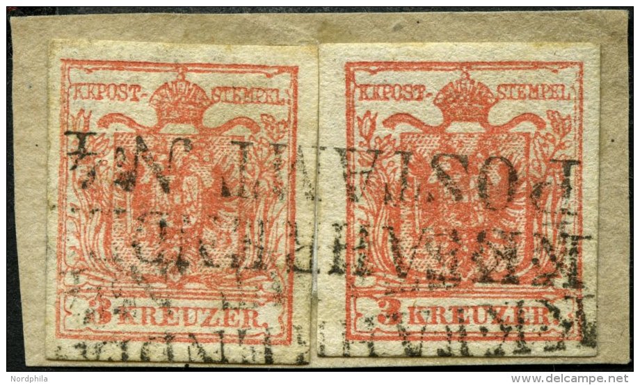 STERREICH 3X BrfStk, 1850, 3 Kr. Karmin, Handpapier, Type IIIa, 2x Auf Briefstück, Mit L2 K.K. FAHRENDES POSTAMT Nr - Oblitérés