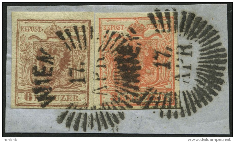 STERREICH 3,4X BrfStk, 1850, 3 Kr. Rot Und 6 Kr. Braun, Handpapier, Strahlenstempel WIEN, Prachtbriefstück - Autres & Non Classés