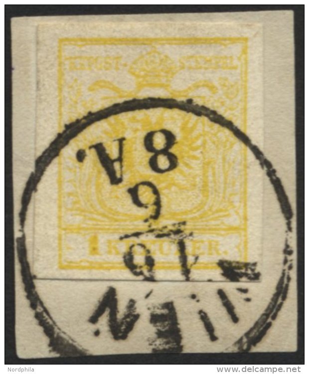 STERREICH 1Ya BrfStk, 1854, 1 Kr. Gelb, Maschinenpapier, Breitrandiges Kabinettstück Auf Briefstück, Marke Zur - Oblitérés