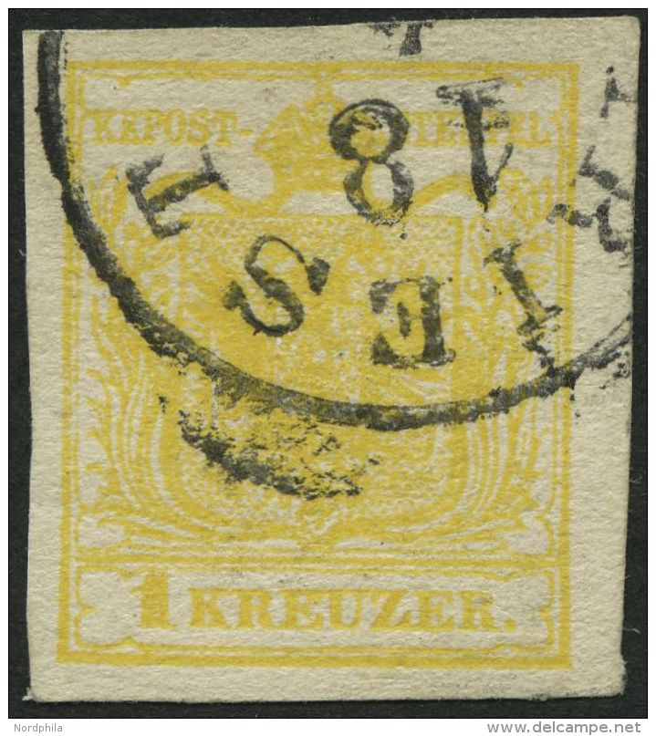 STERREICH 1Ya O, 1854, 1 Kr. Gelb, Maschinenpapier, Type III, K1 TRIEST, Pracht, Fotobefund Dr. Ferchenbauer - Otros & Sin Clasificación