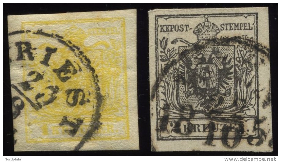 STERREICH 1,2Ya O, 1854, 1 Kr. Gelb Und 2 Kr. Schwarz, Maschinenpapier, 2 Prachtwerte, Mi. 200.- - Oblitérés