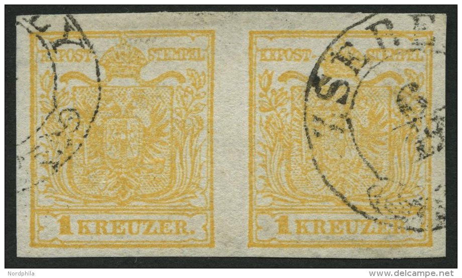 STERREICH 1Xb Paar O, 1850, 1 Kr. Gelbocker, Handpapier, Im Waagerechten Paar, Ungarischer Stempel ZSEBELY, Pracht - Usados