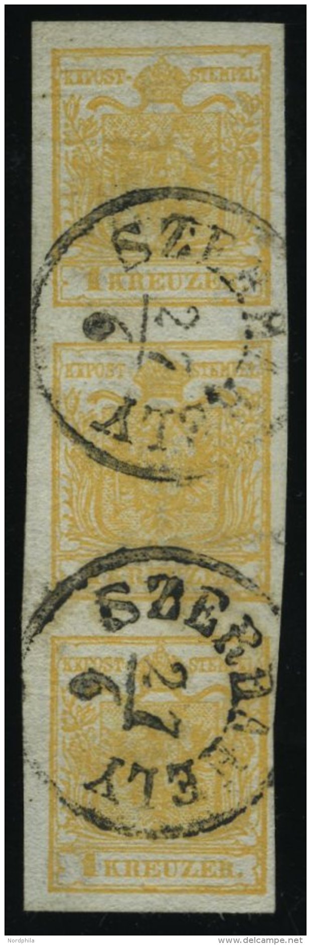 STERREICH 1Xb O, 1850, 1 Kr. Orange, Handpapier, Type III, Im Senkrechten Dreierstreifen Mit WZ über 50% Der Beiden - Oblitérés