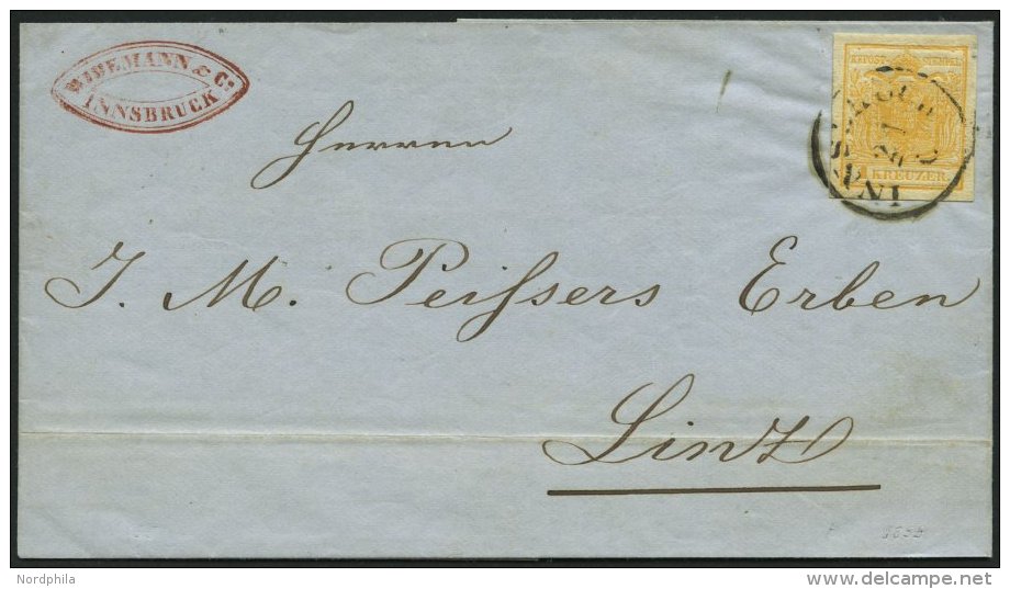 STERREICH 1Xa BRIEF, 1855, 1 Kr. Gelb, Handpapier, Breitrandiges Prachtstück Mit K1 INNSBRUCK Auf Brief (waagerecht - Autres & Non Classés