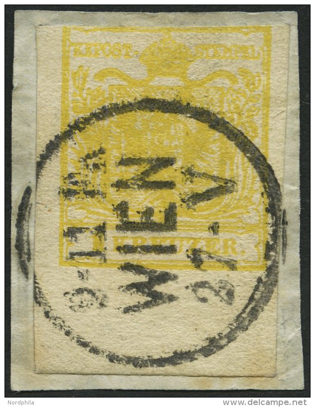 STERREICH 1Xa BrfStk, 1850, 1 Kr. Gelb, Handpapier, Mit Breitem Unterrand (8.5 Mm), K1 WIEN, Oben Leicht Berührt So - Oblitérés