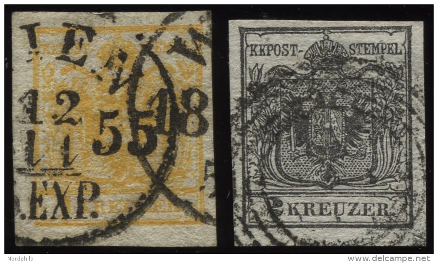 STERREICH 1,2X O, 1850, 1 Kr. Gelb Und 2 Kr. Schwarz, Handpapier, 2 Prachtwerte, Mi. 220.- - Oblitérés