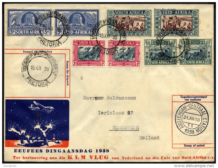 NIEDERLANDE NL,SA BRIEF, 6.12. Und 15.12.1938, KLM-Erstflug AMSTERDAM-PRETORIA-AMSTERDAM Auf Einem Beleg, Prachtbrief, M - Pays-Bas