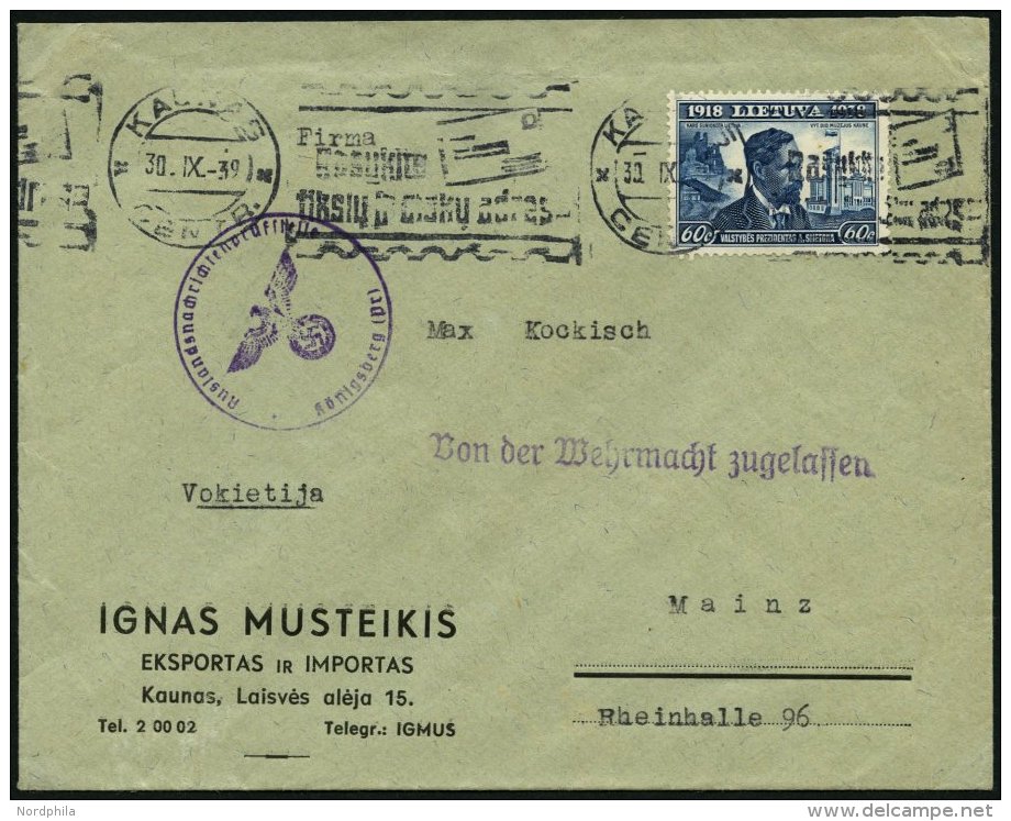 LITAUEN 428 BRIEF, 1939, 60 C. 20 Jahre Republik Auf Brief Von KAUNAS Nach Mainz, Mit Zensurstempel Der Auslandsnachrich - Lithuania