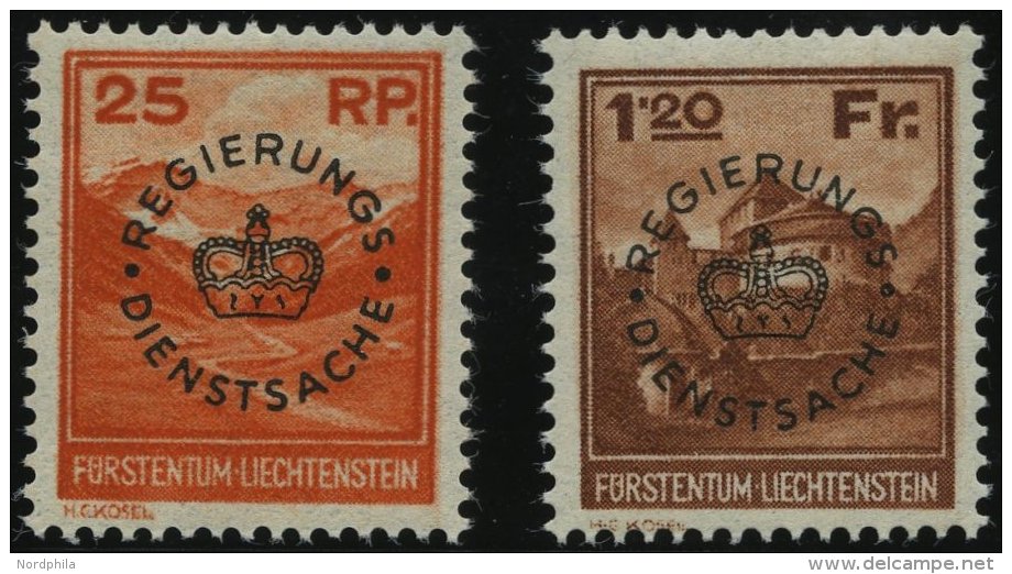 DIENSTMARKEN D 9/10 *, 1933, 25 Rp. Valünatal Und Naafkopf Und 1.20 Fr. Burg Vaduz, Falzrest, Pracht, Mi. 135.- - Official