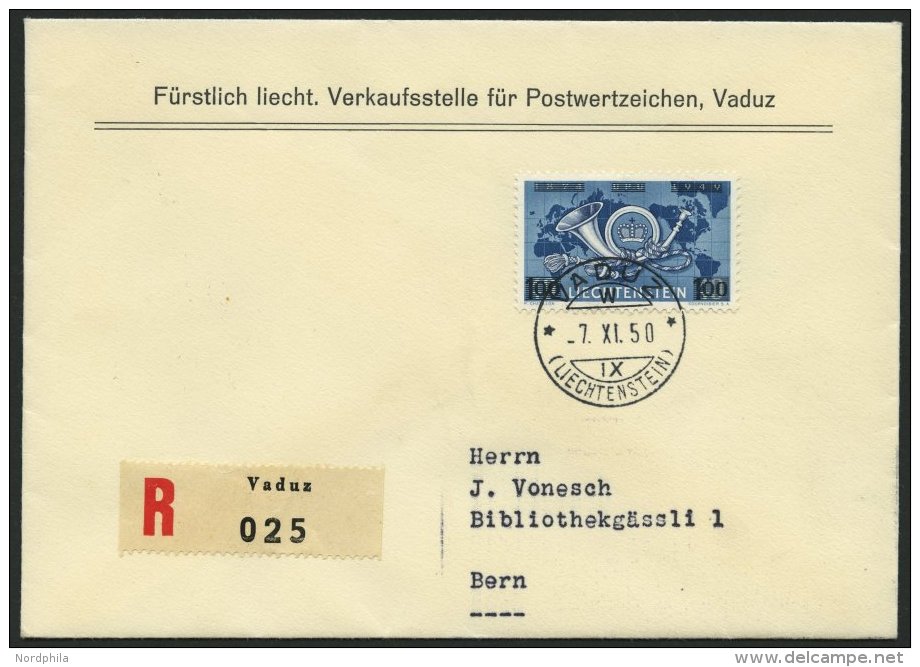 LIECHTENSTEIN 288 BRIEF, 1950, 1 Fr. Auf 40 Rp. Weltpostverein Auf FDC, Einschreibbrief Nach Bern, Pracht, Mi. 200.- - Other & Unclassified