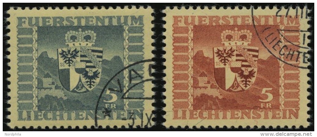 LIECHTENSTEIN 243,252 O, 1945/7, 5 Fr. Wappen, 2 Prachtwerte, Mi. 115.- - Other & Unclassified