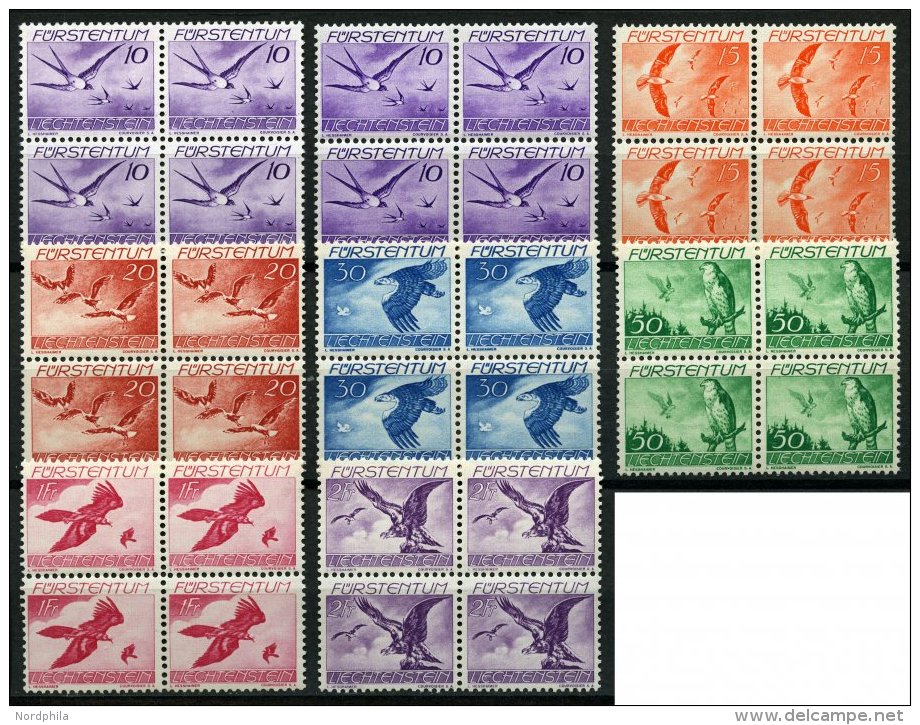 LIECHTENSTEIN 173x,y VB **, 1939, Vögel In Viererblocks, 10 Pf. Beide Gummiarten, Prachtsatz (8 Werte), Mi. 229.- - Other & Unclassified