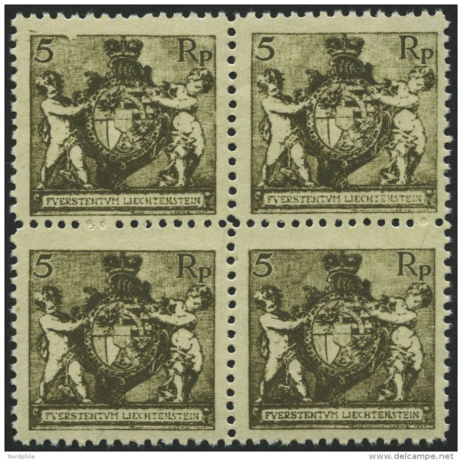 LIECHTENSTEIN 48B VB *, **, 1921, 5 Rp. Schwarzbräunlicholiv, Gezähnt L 121/2, Im Viererblock, Pracht - Other & Unclassified