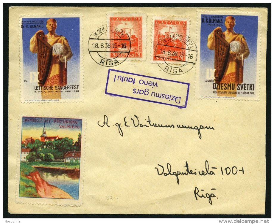 LETTLAND 232 BRIEF, 1938, 3 S. Rotorange Mit Sonderstempel IX. DZIESMU SVETKI Auf Brief Mit 3 Verschiedenen Vignetten, P - Latvia