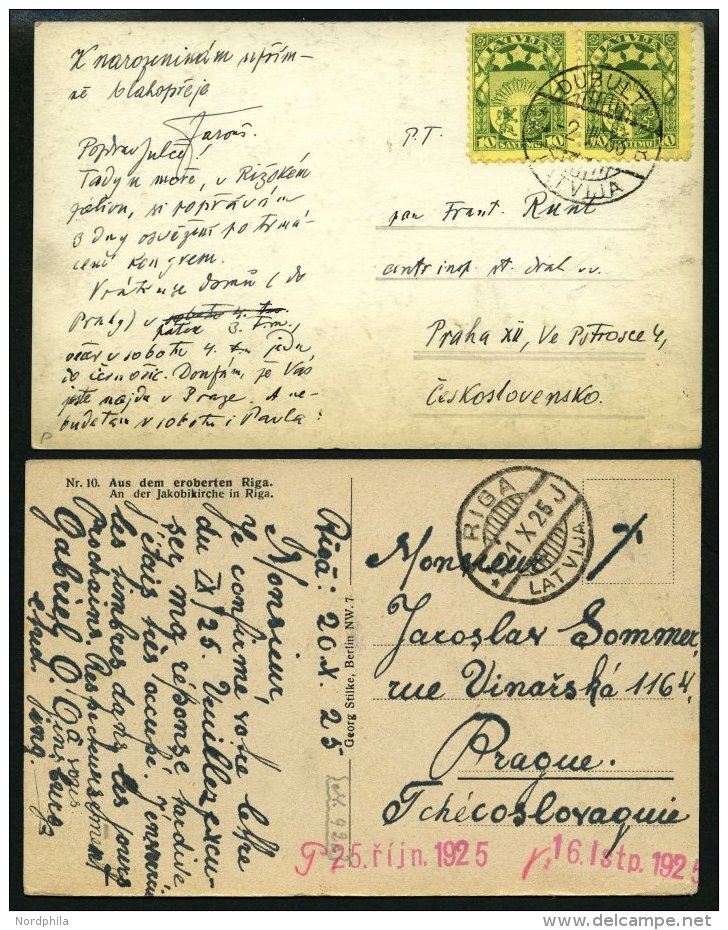 LETTLAND 120,174 BRIEF, 1925/33, 15 Und 10 S. Staatswappen, 2 Ansichtskarten In Die Tschechoslowakei, Pracht - Lettland