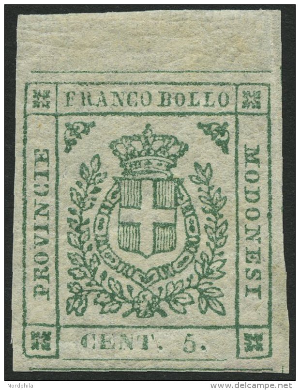 MODENA 7a *, 1859, 5 C. Grün, Oberrandstück, Breitrandig, Falzrest, Pracht, Gepr. Drahn, Mi. 1200.- - Modena