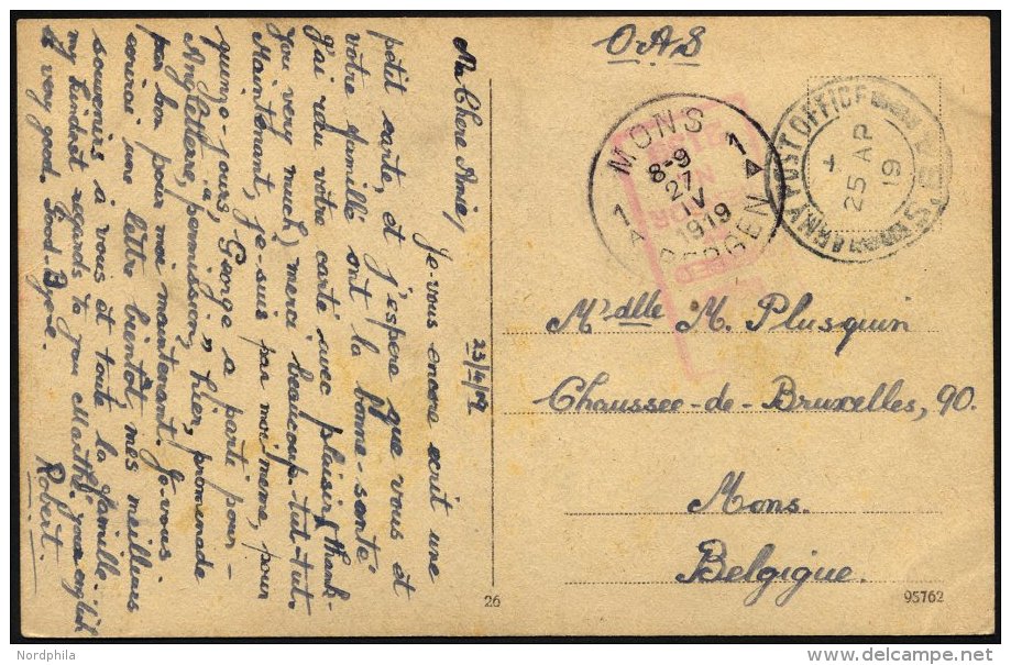 BRITISCHE MILITÄRPOST 1919, K2 ARMY POST OFFICE Und Schwacher Zensurstempel Auf Feldpost-Ansichtskarte Nach Mons/Be - Used Stamps