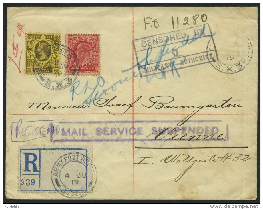 BRITISCHE MILITÄRPOST 1919, Feldpost-Einschreibbrief Vom ARMY POST OFFICE SX 3 Nach Wien, Mit Militärzensur, & - ...-1840 Prephilately