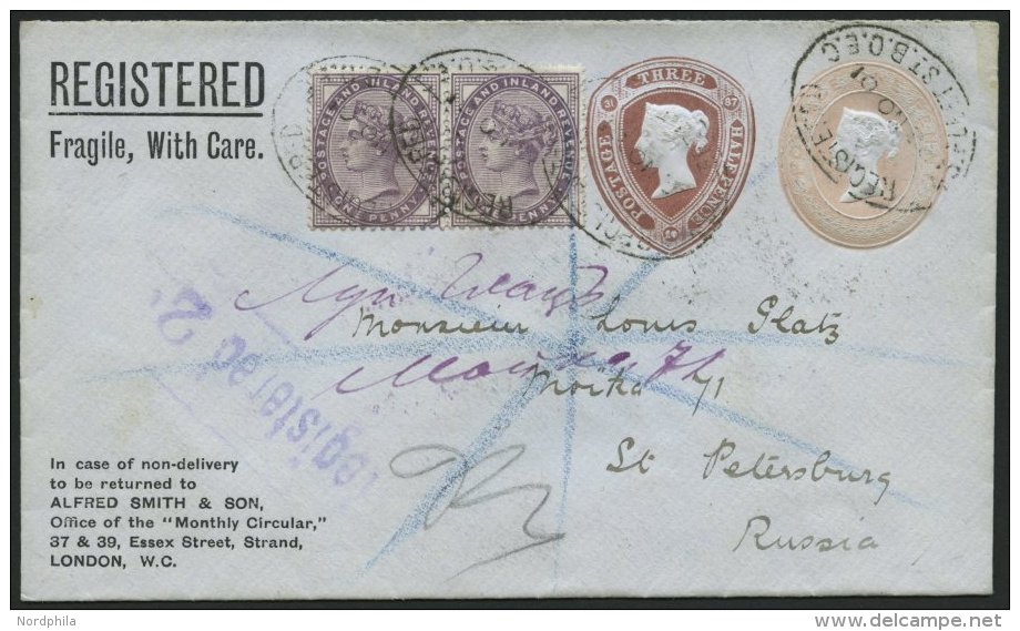 GROSSBRITANNIEN 65 BRIEF, 1901, 1 P. Königin Victoria Im Paar Auf Privatganzsache 3 P. Braun Neben 1 P. Rosa, R-Ums - Used Stamps