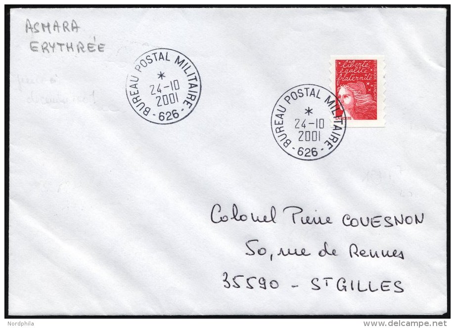 FRANKREICH FELDPOST 3558 BRIEF, 2001, Marianne Dunkelrosa Mit K1 BUREAU POSTAL MILITAIRE 626 Aus Asmara In Eritrea, Prac - Other & Unclassified