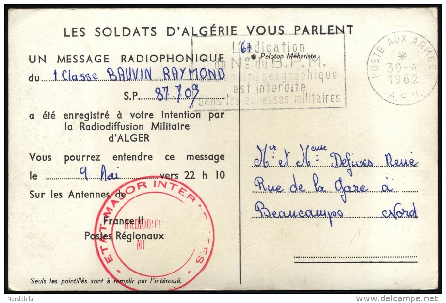 FRANKREICH FELDPOST 1962, Seltene Feldpost-Radiokarte, In Der Mitgeteilt Wird, Daß Die Grüße Am 9. Mai - Other & Unclassified