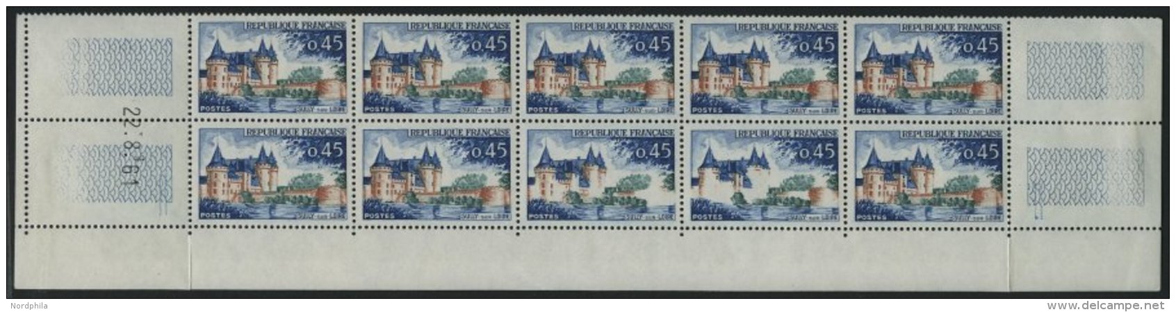 FRANKREICH 1367 **, 1961, 0.45 Fr. Sully-sur-Loire Im Zehnerblock, Dabei 2x Die Abart Weiße Burg (Yvert 1313a), Pr - Other & Unclassified
