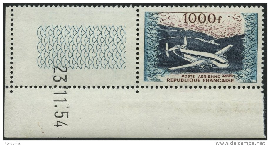 FRANKREICH 990 **, 1954, 1000 Fr. Frachtflugzeug, Bogenrand Mit Druckdatum, Pracht - Autres & Non Classés