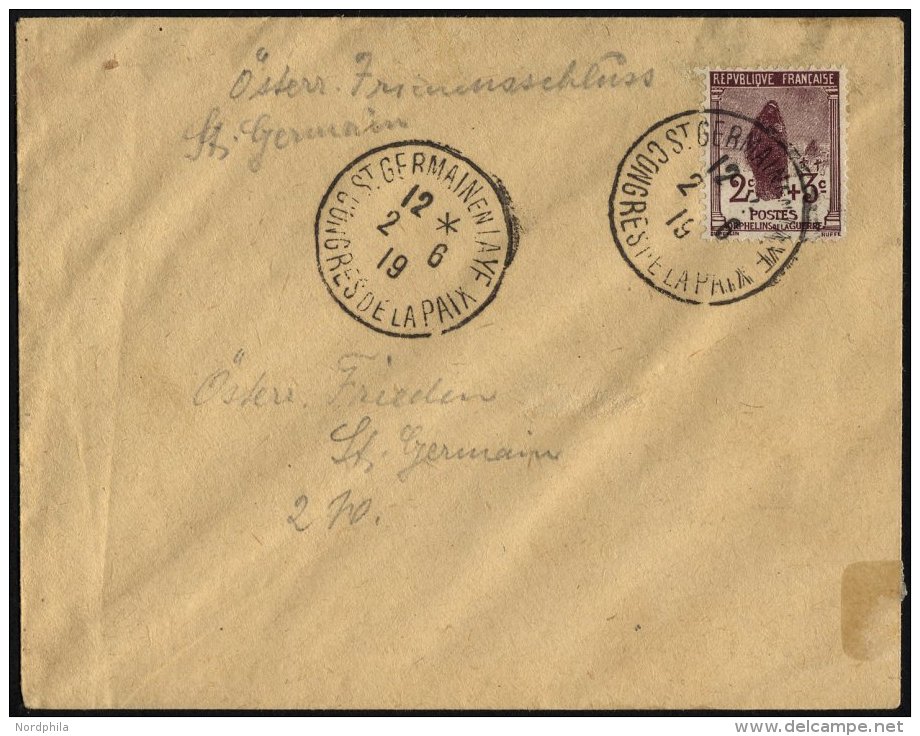 FRANKREICH 128 BRIEF, 1919, Brief Mit Sonderstempel Des Friedenskongresses In St. Germain Auf 2 C. Kriegswaisen, Pracht - Other & Unclassified