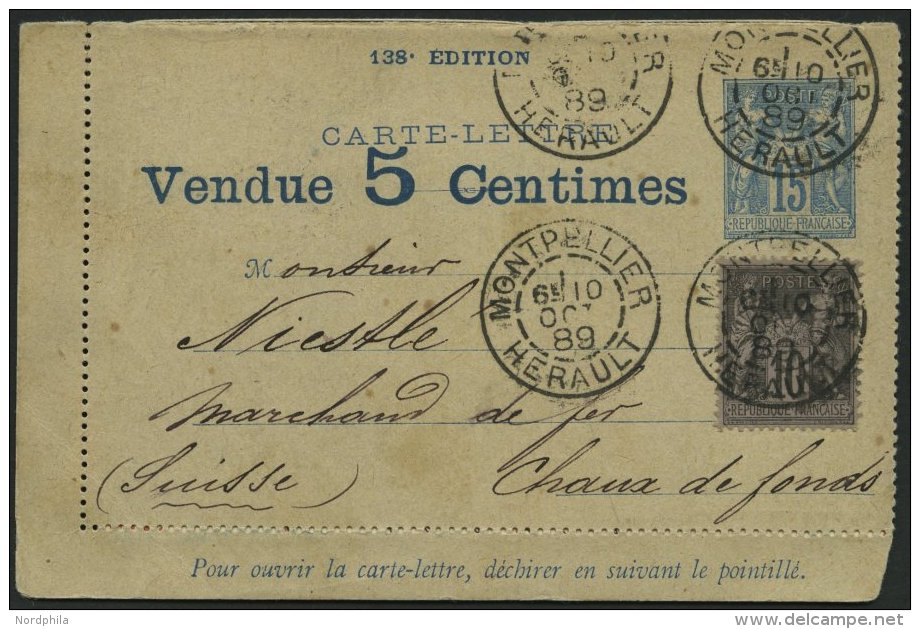 FRANKREICH 72 BRIEF, 1889, 10 C. Schwarz Auf Lila Als Zusatzfrankatur Auf 15 C. Kartenbrief Mit Vollständiger Werte - Autres & Non Classés