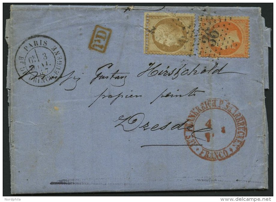 FRANKREICH 20,22 BRIEF, 1867, 10 C. Braun Und 40 C. Orange Auf Brief Von PARIS Nach Dresden Mit Rotem K2 AUS FRANKREICH - Other & Unclassified