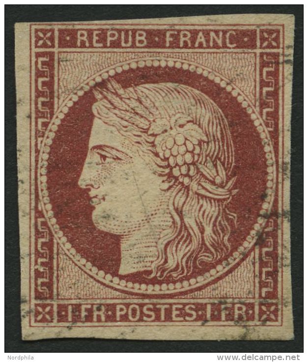 FRANKREICH 7a O, 1849, 1 Fr. Karmin, Zarter Stempel, Pracht, Fotoattest Dr. Goebel, Mi. 1000.- - Other & Unclassified