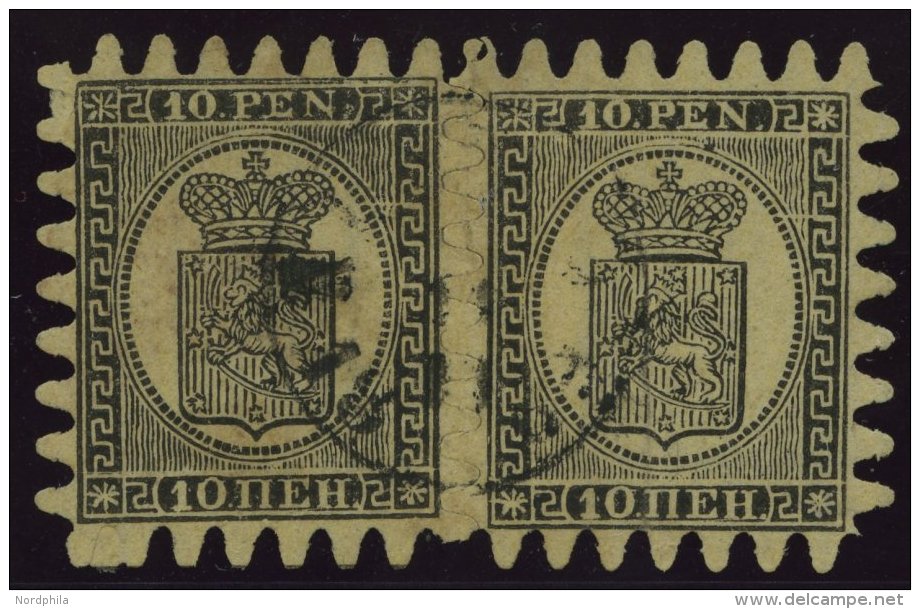 FINNLAND 7Cx Paar O, 1867, 10 P. Schwarz Auf Gestreiftem Sämischem Papier (Facit 7v1C3), Im Waagerechten Paar Mit A - Other & Unclassified