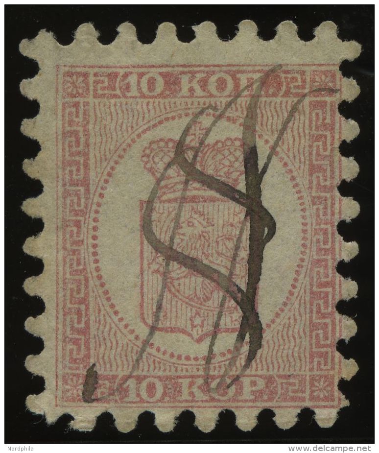 FINNLAND 4A ~ , 1860, 10 K. Rosakarmin Auf Rosa, Lovisa-Federzugentwertung N (Norring), Alle Zungen, Pracht - Other & Unclassified