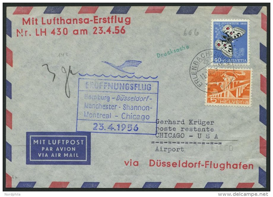 DEUTSCHE LUFTHANSA 67 BRIEF, 23.4.1956, Düsseldorf-Chicago, Brief Ab Der Schweiz (mit Mi.Nr. 606), Pracht - Used Stamps