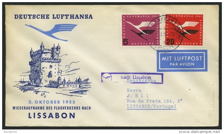 DEUTSCHE LUFTHANSA 46 BRIEF, 2.10.1955, Frankfurt-Lissabon, Prachtbrief - Oblitérés