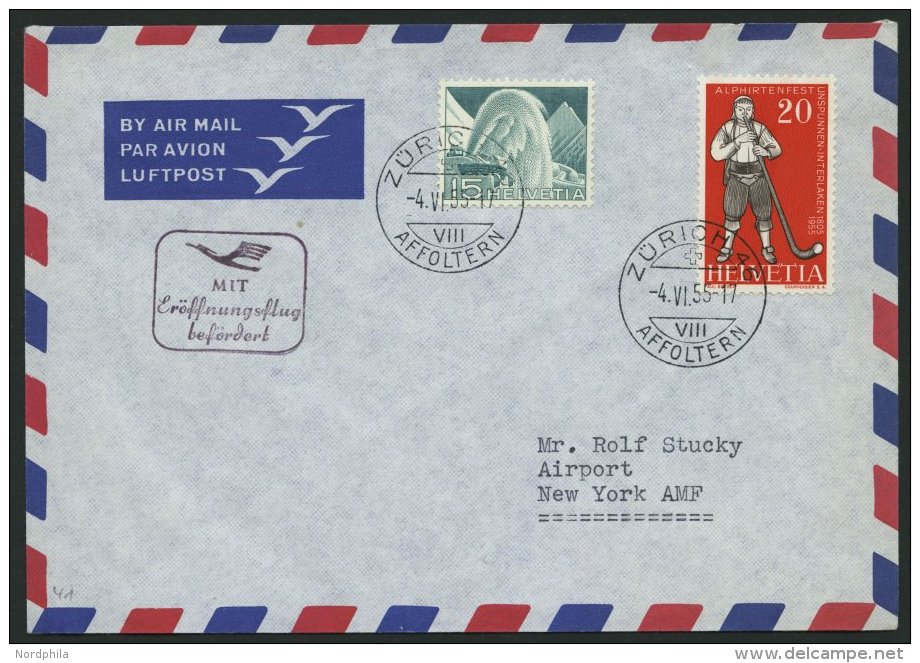 DEUTSCHE LUFTHANSA 41 BRIEF, 11.6.1955, Frankfurt-New York, Brief Aus Der Schweiz, Pracht - Oblitérés