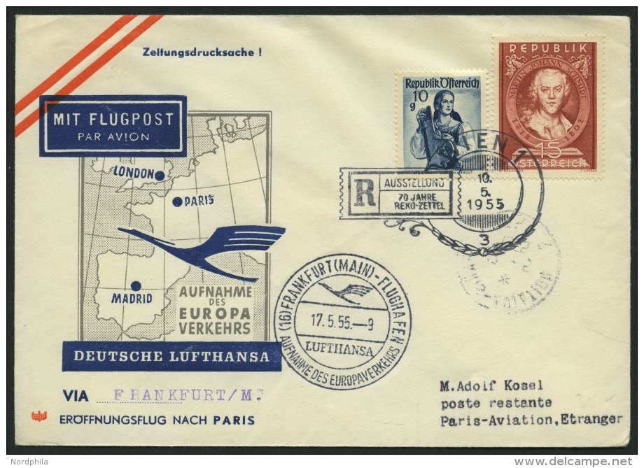 DEUTSCHE LUFTHANSA 32 BRIEF, 17.5.1955, Frankfurt-Paris, Brief Ab Wien Mit österreichischer Frankatur, Pracht - Used Stamps