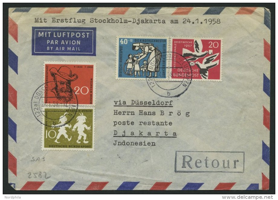 ERST-UND ERÖFFNUNGSFLÜGE 2582 BRIEF, 24.1.58, Düsseldorf-Djakarta, Frankiert Mit Bund Nr. 246, Feinst - Covers & Documents