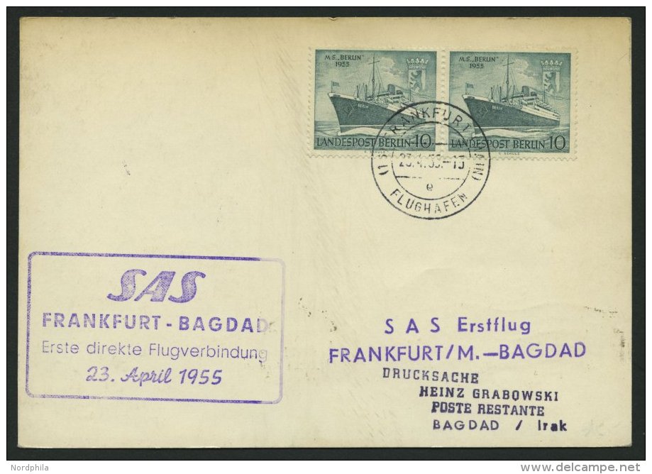 ERST-UND ERÖFFNUNGSFLÜGE 2502 BRIEF, 23.4.55, Frankfurt-Baghdad, Frankiert Mit Bund Nr. 205-08, Prachtkarte - Covers & Documents