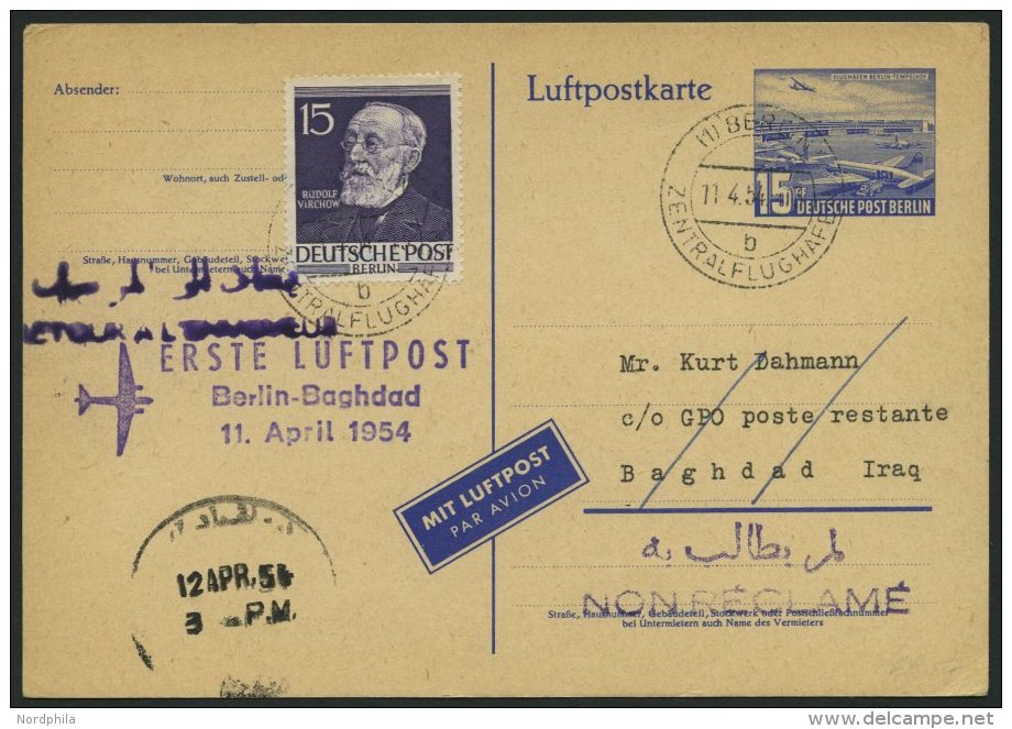 ERST-UND ERÖFFNUNGSFLÜGE 2470A BRIEF, 11.4.54, Berlin-Baghdad, Prachtkarte - Covers & Documents