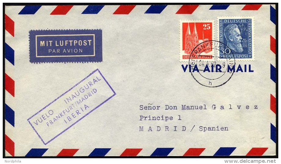 ERST-UND ERÖFFNUNGSFLÜGE 2410 BRIEF, 24.4.52, Frankfurt-Madrid, Frankiert Mit Amerk.-und Brit. Zone Nr. 87eg U - Covers & Documents