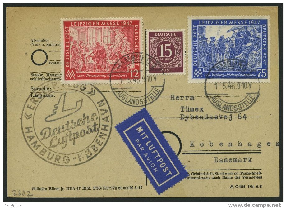 ERST-UND ERÖFFNUNGSFLÜGE 2302 BRIEF, 1.5.48, Hamburg-Kopenhagen, Flugbestätigungsstempel In Schwarz (Gef& - Covers & Documents