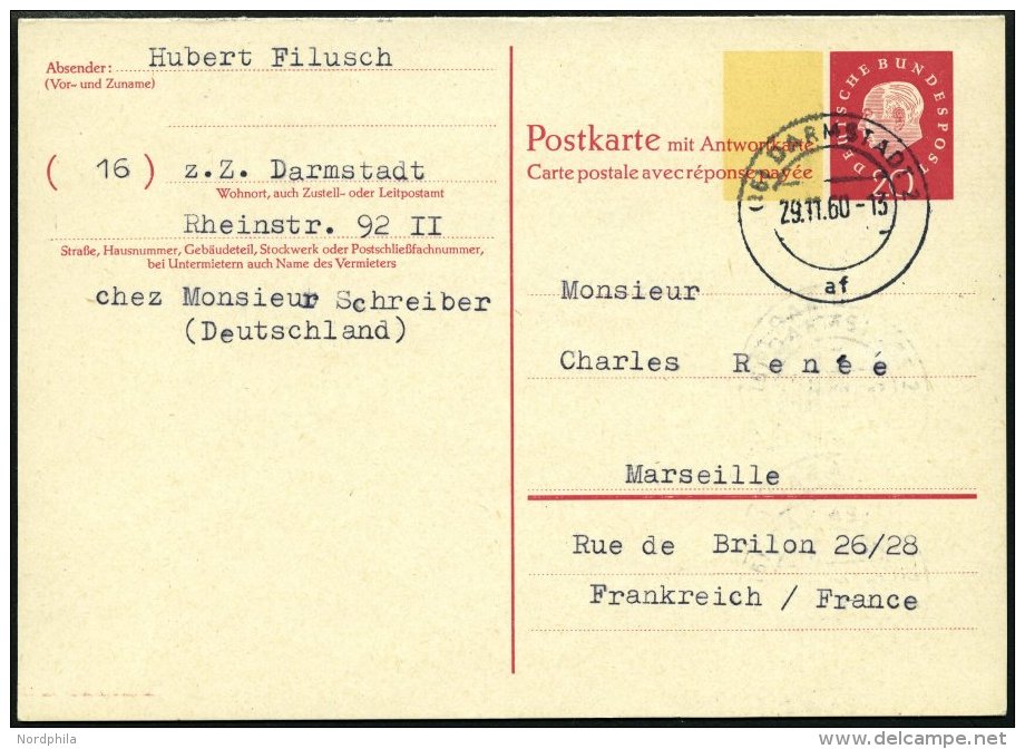 GANZSACHEN P 46I BRIEF, 1960, 20/20 Pf. Heuss, Breiter Fluoreszierender Beidruck, Stempel DARMSTADT, Rückseitig Unb - Collections