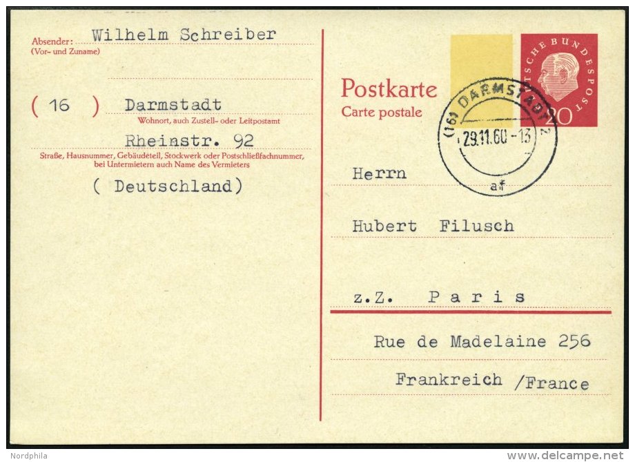 GANZSACHEN P 44I BRIEF, 1960, 20 Pf. Heuss, Breiter Fluoreszierender Beidruck, Stempel DARMSTADT, Rückseitig Unbesc - Collections