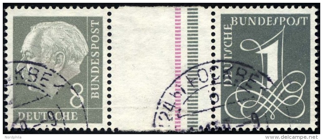 ZUSAMMENDRUCKE WZ 15aIVYII O, 1960, Heuss Wz. Liegend 8 + Z + 1, Eine Schmale Senkrechte Strichelleiste In Rosalila Und - Used Stamps