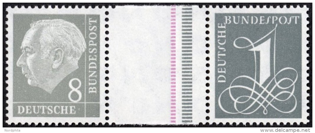 ZUSAMMENDRUCKE WZ 15aIVYII **, 1960, Heuss Wz. Liegend 8 + Z + 1, Schmale Strichelleiste In Rotlila Und Eine Normalbreit - Used Stamps