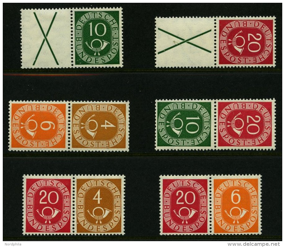 ZUSAMMENDRUCKE Aus W 1-S 9 *, 1951, Posthorn, 6 Verschiedene Zusammendrucke Posthorn, Falzrest, Pracht, Mi. 116.50 - Gebruikt