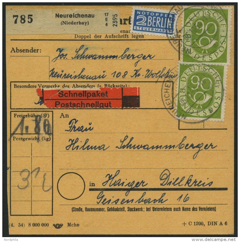 BUNDESREPUBLIK 138 BRIEF, 1954, 90 Pf. Posthorn, 2x Als Mehrfachfrankatur Auf Schnellpaketkarte Aus NEUREICHENAU, Normal - Used Stamps