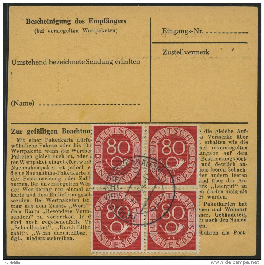 BUNDESREPUBLIK 137 VB BRIEF, 1954, 80 Pf. Posthorn Im Viererblock Rückseitig Mit 50 Pf. Zusatzfrankatur Auf Paketka - Used Stamps