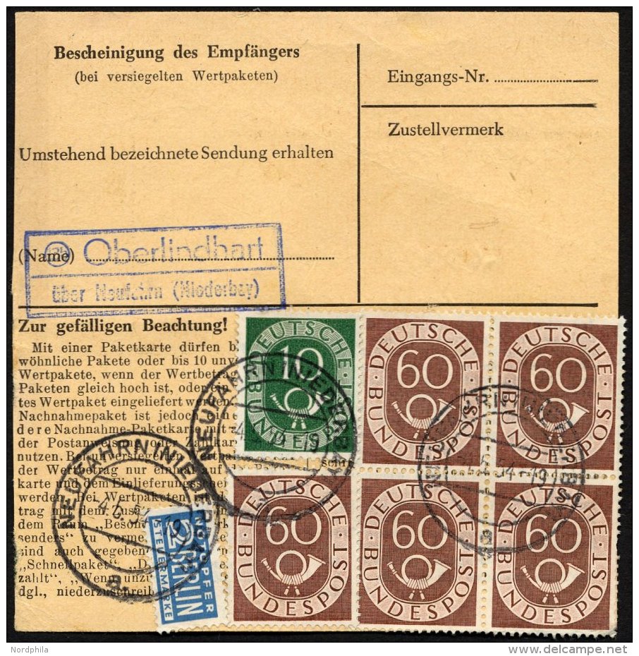 BUNDESREPUBLIK 135 VB BRIEF, 1954, 60 Pf. Posthorn Im Viererblock Mit Zusatzfrankatur Rückseitig Auf Paketkarte Aus - Used Stamps